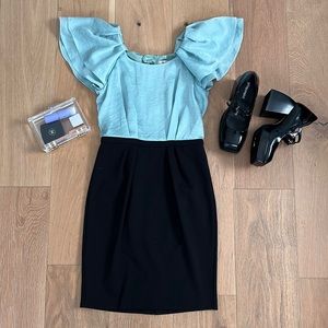 NWT BCBGeneration Ruffle Sleeve Cupro & Ponte Dress - Teal and Black - Size 4